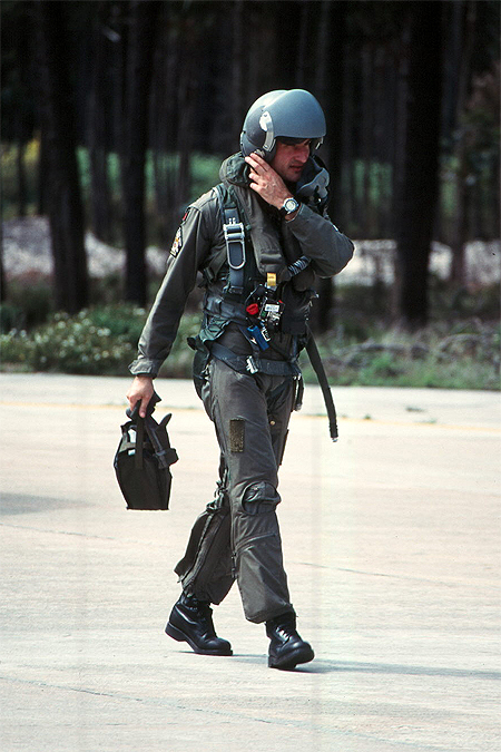 Portugese A-7P Corsair pilot wearing his HGU-55/P fitted with the PRU-36/P dual visor housing. His parachute harness is of the MA-2 type.