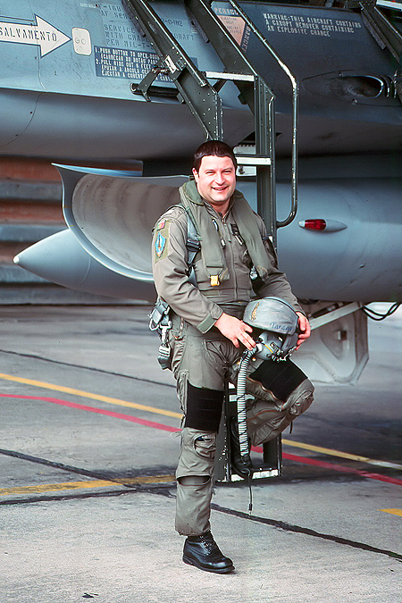 Proud F-16 jock 'Tarzan' showing his HGU-55/P, life preserver, CSU-13B/P anti g suit and his MBU-12/P oxygen mask.